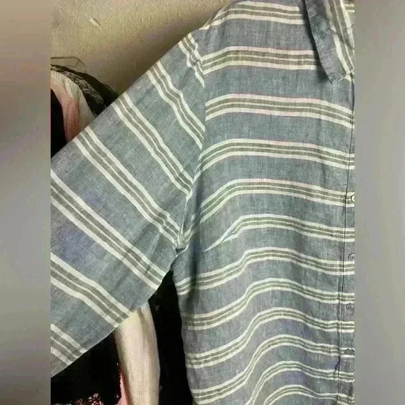 Coldwater Creek Size 1X Linen Button Down Shirt Stripes Costal Longsleeve Blue - Picture 7 of 7